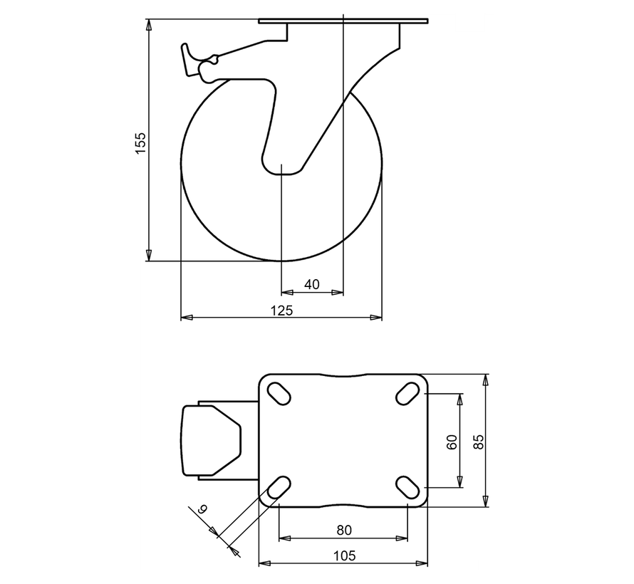 standard Swivel castor with brake + injection-moulded polyurethane tread Ø125 x W32mm for  200kg Prod ID: 41153