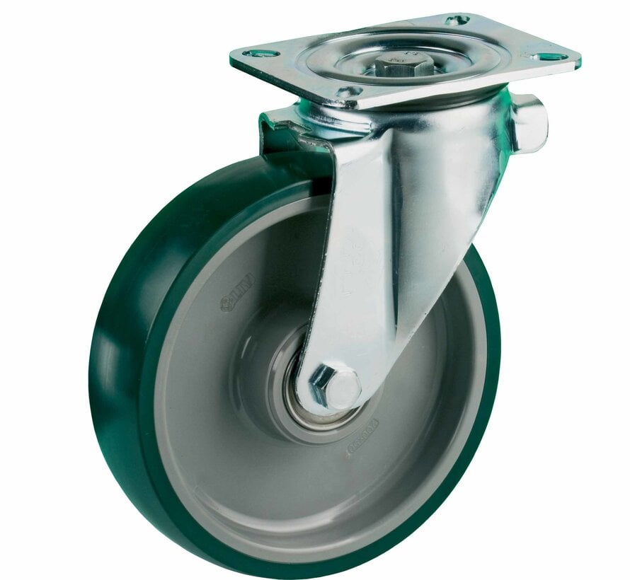 Swivel castor + injection-moulded polyurethane tread Ø200 x W50mm for 500kg Prod ID: 42595