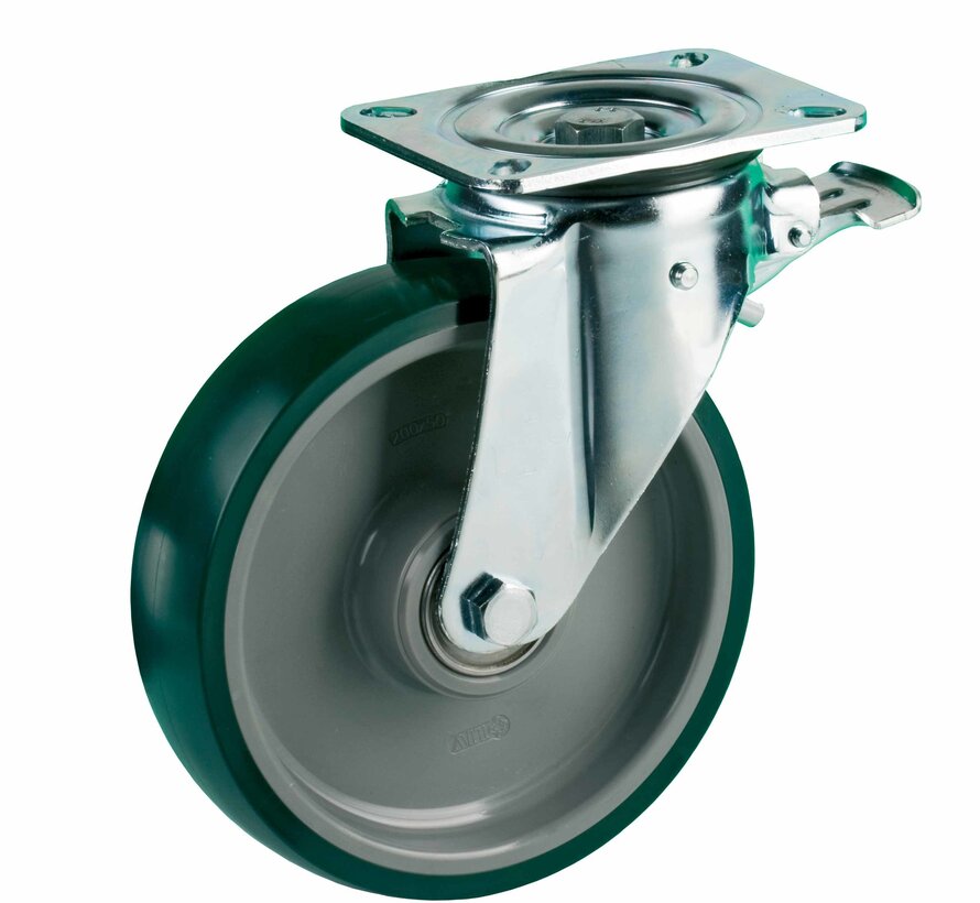 Swivel castor with brake + injection-moulded polyurethane tread Ø160 x W50mm for 400kg Prod ID: 42604