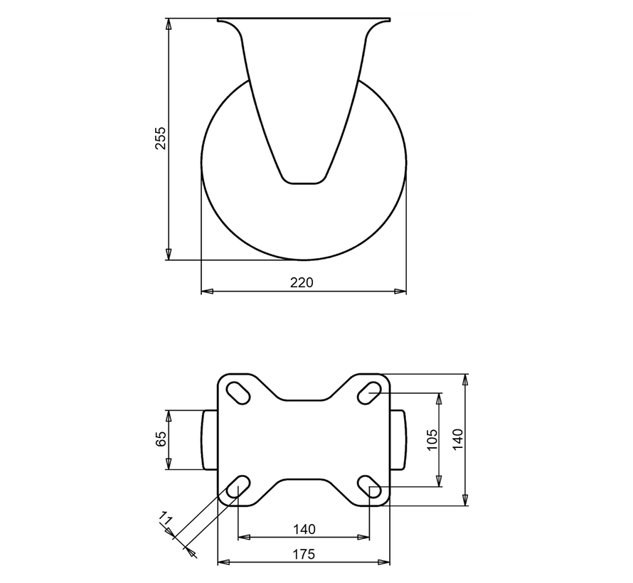 Fixed castor + black pneumatic  Ø220 x W65mm for 150kg Prod ID: 31854