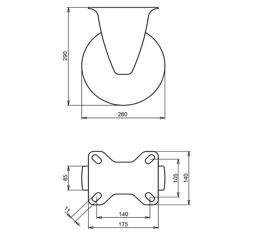 for rough floors Fixed  castor + black pneumatic  Ø260 x W85mm for  150kg Prod ID: 91125