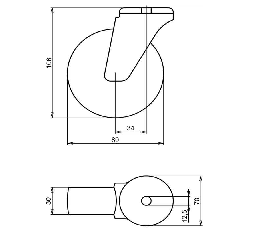 standard Swivel transport castor + black rubber tyre Ø80 x W30mm for  65kg Prod ID: 34005