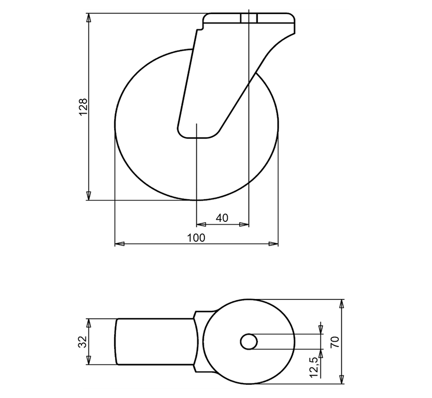 Standard Lenkbare Transportrolle + schwarzer Gummireifen Ø100 x W32mm für 80kg Prod ID: 34015