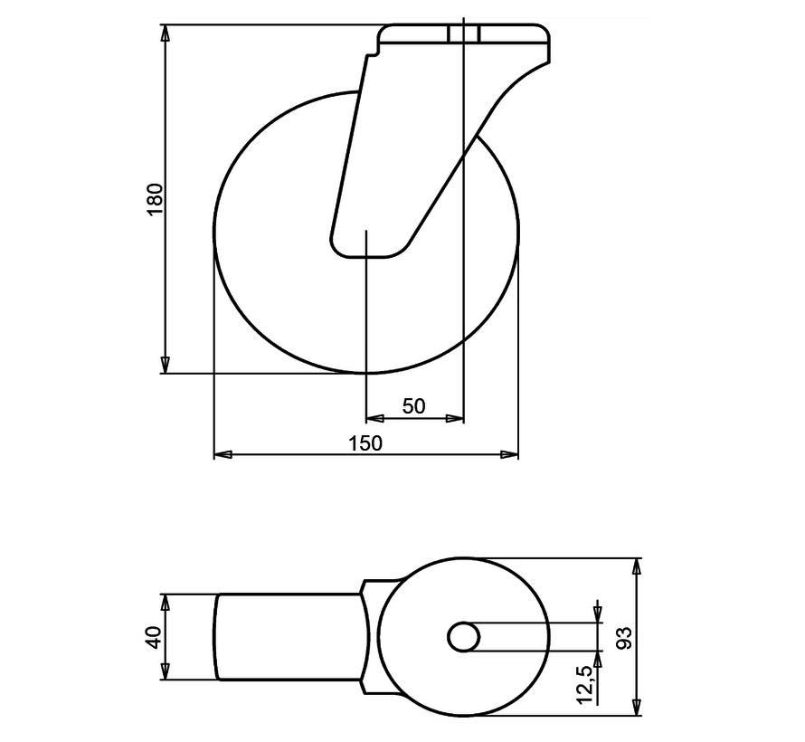 Estándar Rueda de transporte giratoria + neumático de goma negro Ø150 x W40mm para 170kg Prod ID: 34025