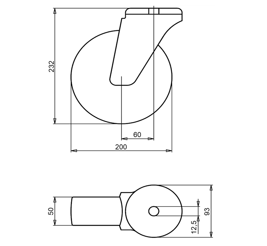 Standard Lenkbare Transportrolle + schwarzer Gummireifen Ø200 x W50mm für 230kg Prod ID: 34045