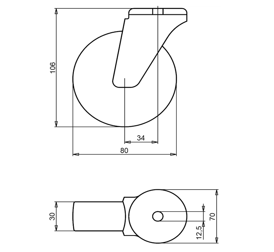 Kółko transportowe obrotowe 80 mm, guma czarna, łożysko ślizgowe, otwór pod śrubę 12,5 mm, 65 kg, Nr art. 2-972 L12