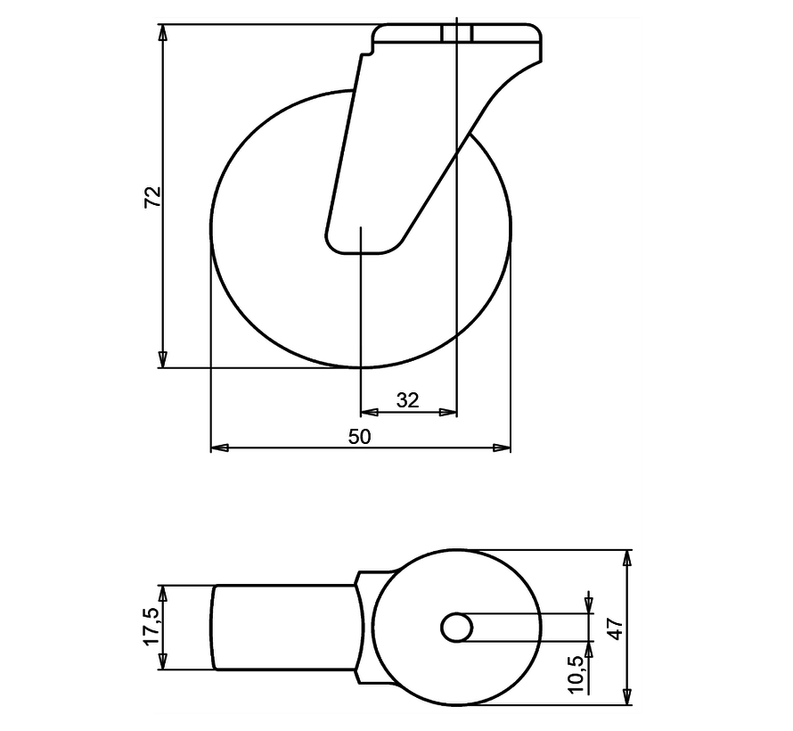 Rueda giratoria 50 mm para muebles, poliamida, cojinete liso, agujero pasante 10,5 mm, 80 kg, Ref. 2-823 B20