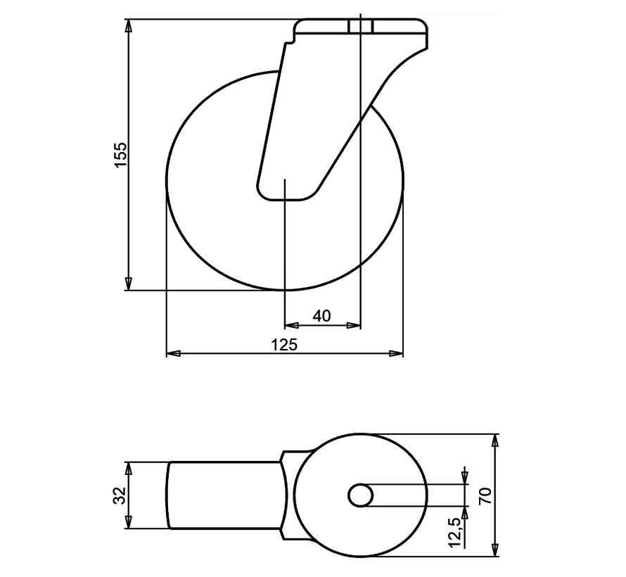 Swivel castor 125 mm, polyurethane, plain bearing, bolt hole 12.5 mm, 200 kg, Art. 2-054-25D