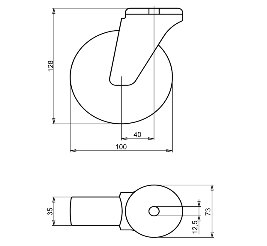 Kółko obrotowe 100 mm ze stali nierdzewnej, poliamid, łożysko ślizgowe, otwór pod śrubę 12,5 mm, 200 kg, Nr art. 2-766 L12