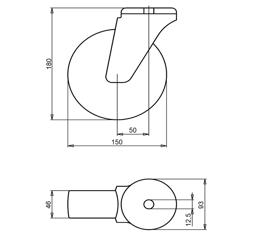 Ruota girevole 150 mm in acciaio inox, poliammide, cuscinetto a rulli, foro passante 12,5 mm, 300 kg, Art. 2-758 L12