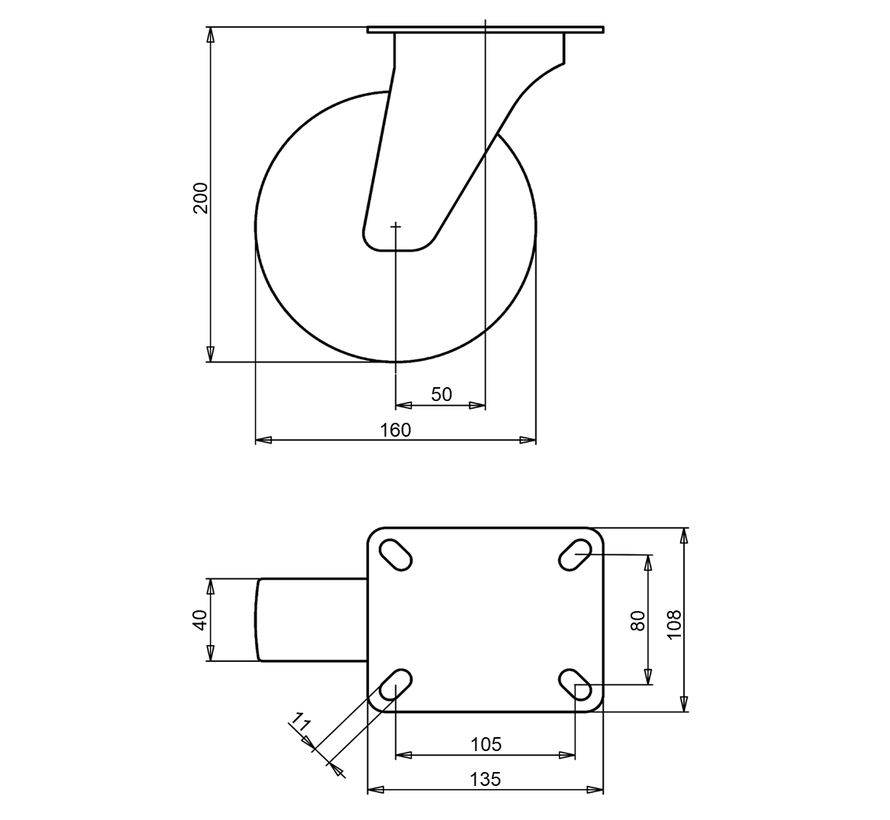 ruedas de basura Rueda giratoria + neumático de goma negro Ø160 x W40mm para 200kg Prod ID: 44786