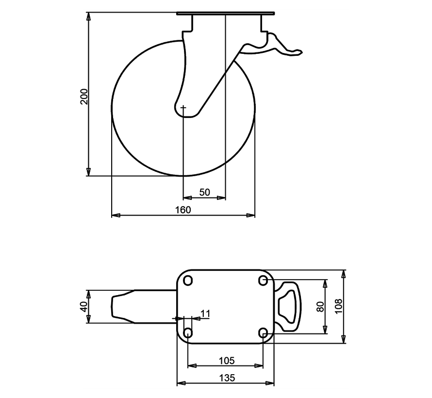 kolesa za komunalne zabojnike vrtljivo kolo z zavoro + črna guma Ø160 x W40mm Za  200kg Prod ID: 44787