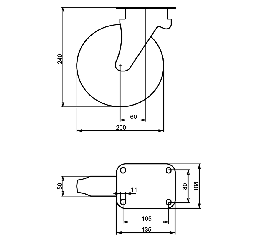 Waste container swivel castor 200 mm, black rubber, roller bearing, plate 135x108 mm, 250 kg, steel rim, Art. 2-020-G14