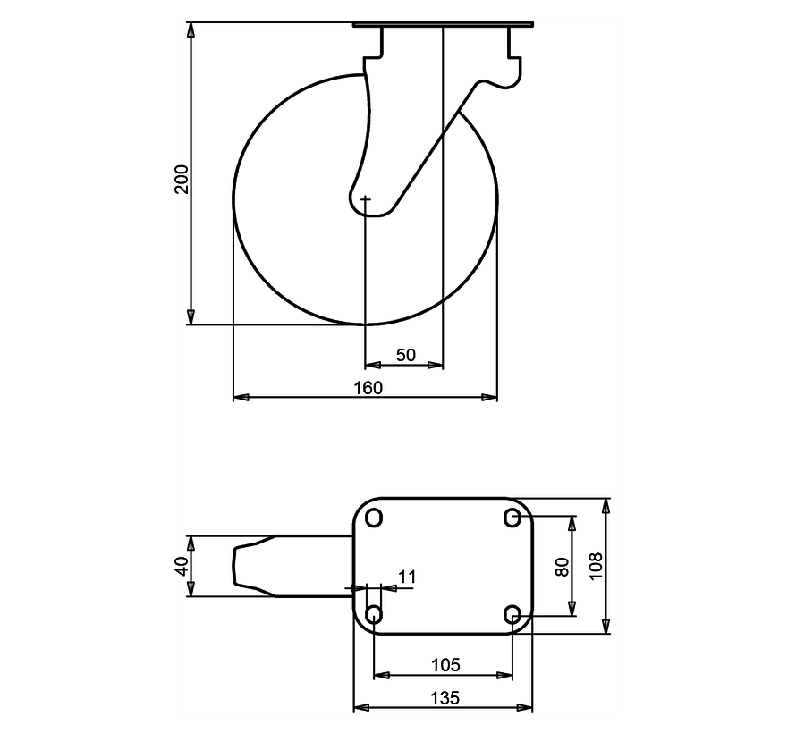 Abfallbehälterrollen Lenkrolle + schwarzer Gummireifen Ø160 x W40mm für 200kg Prod ID: 44336