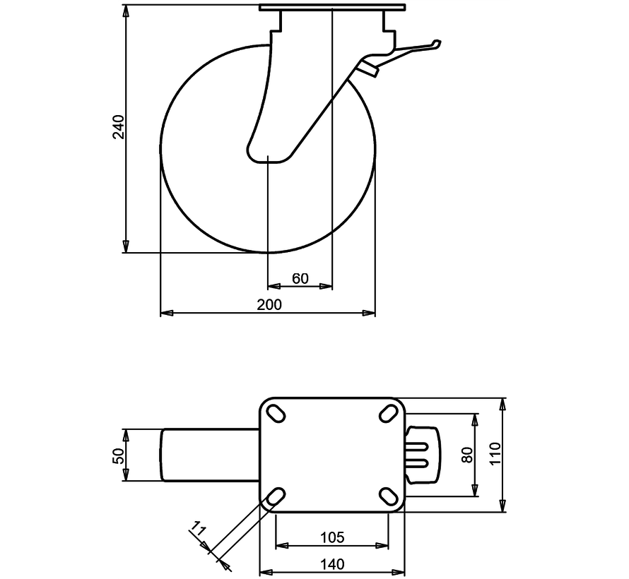 Heavy duty swivel castor with total brake 200 mm, polyamide, ball bearing, plate 140x110 mm, 500 kg, Art. 2-063-40K, wheel centre white