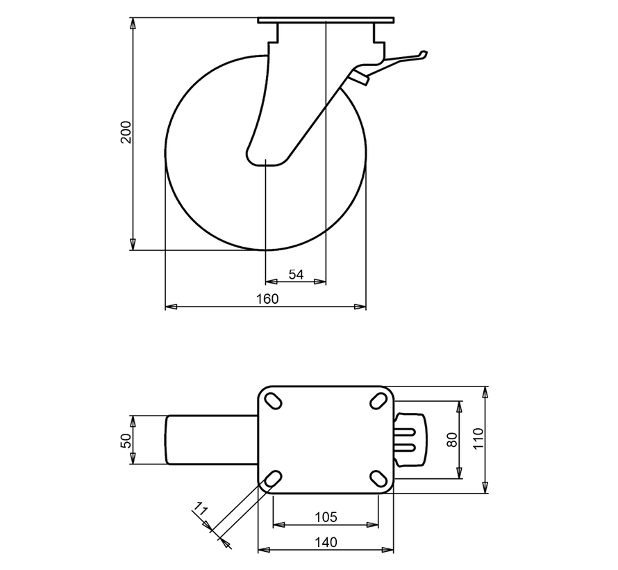 lourde charge Roulette pivotante avec frein + bande de roulement en polyuréthane moulé par injection Ø160 x W50mm pour 400kg Prod ID: 42604