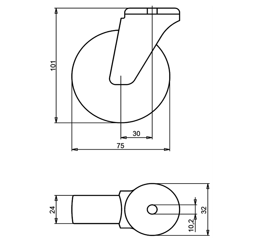 institutianal Swivel castor + polyethylene tread Ø75 x W24mm for  60kg Prod ID: 44830