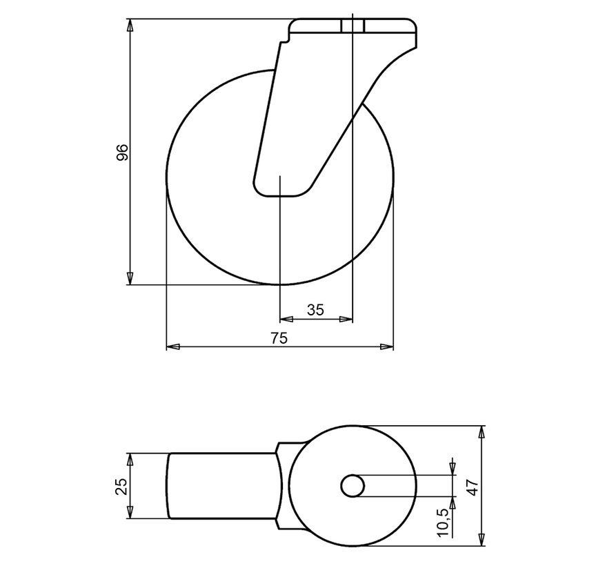 Swivel castor +  rubber tread Ø75 x W25mm for 50kg Prod ID: 39173