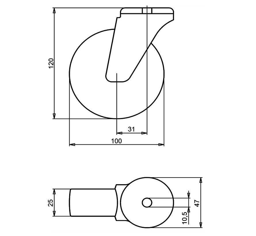 Rueda giratoria 100 mm para muebles, polipropileno, cojinete liso, agujero pasante 10,5 mm, 80 kg, Ref. 2-840 B10