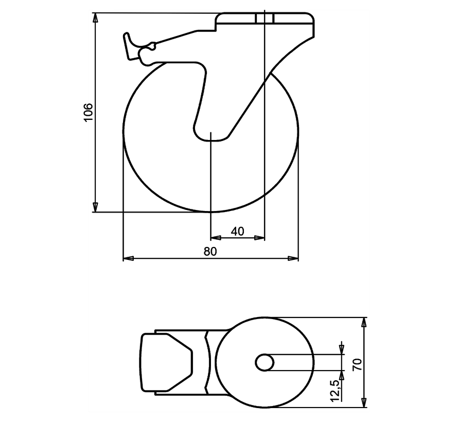 Swivel transport castor with total brake 80 mm, black rubber, roller bearing, bolt hole 12.5 mm, 65 kg, Art. 2-606 L12