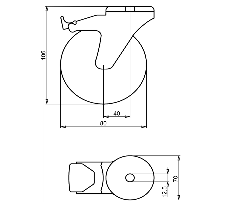 Estándar Rueda de transporte giratoria con freno + neumático de goma negro Ø80 x W30mm para 65kg Prod ID: 34065