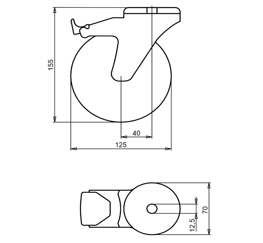 Estándar Rueda de transporte giratoria con freno + neumático de goma negro Ø125 x W37mm para 130kg Prod ID: 34083