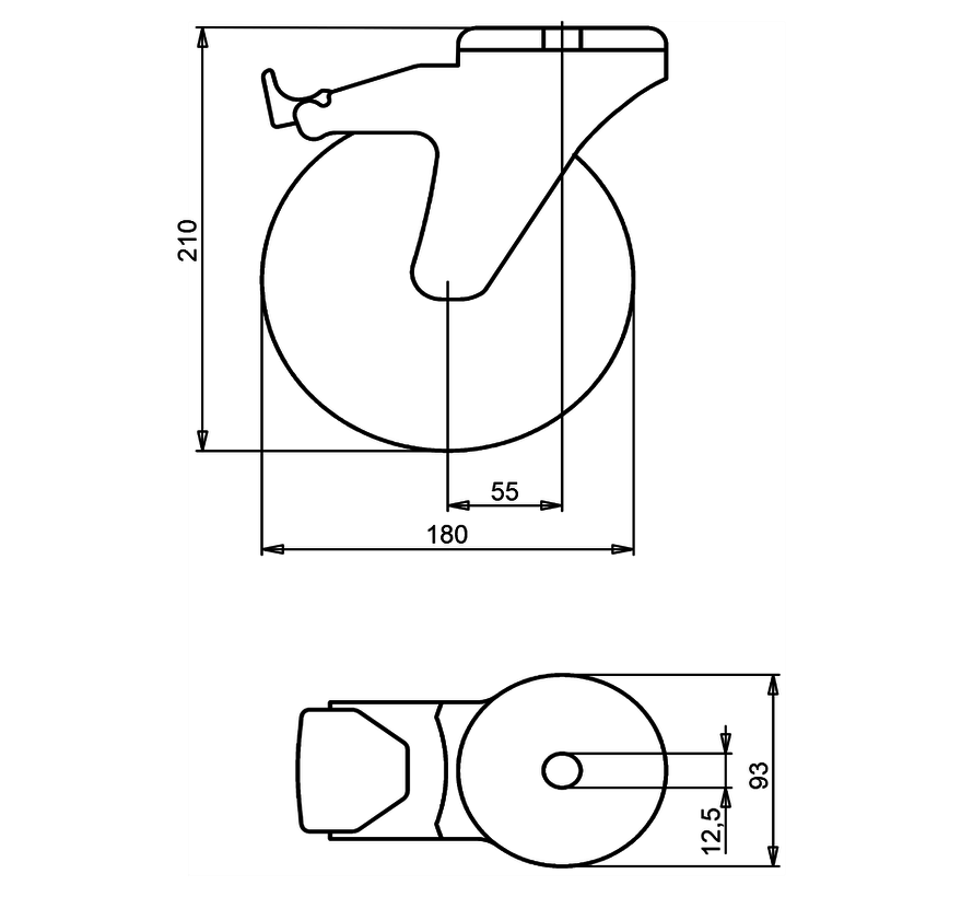 Swivel castor with total brake 180 mm, grey rubber, roller bearing, bolt hole 12.5 mm, 200 kg, Art. 2-984 L12
