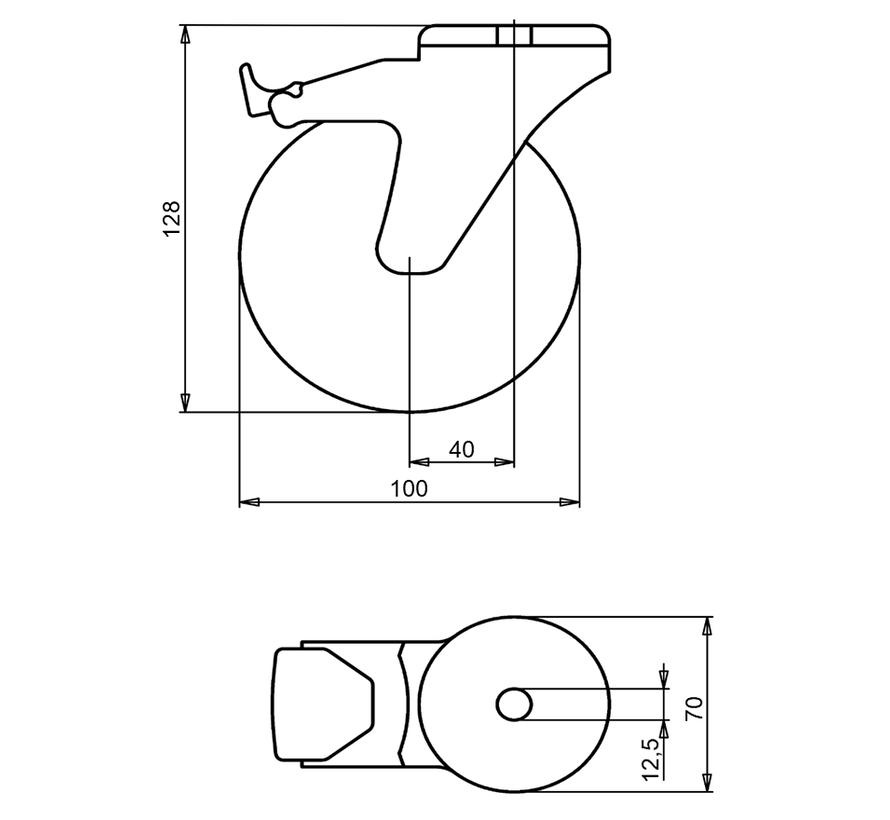 Standard Lenkrolle mit Bremse + festes Polypropylenrad Ø100 x W35mm für 125kg Prod ID: 34515