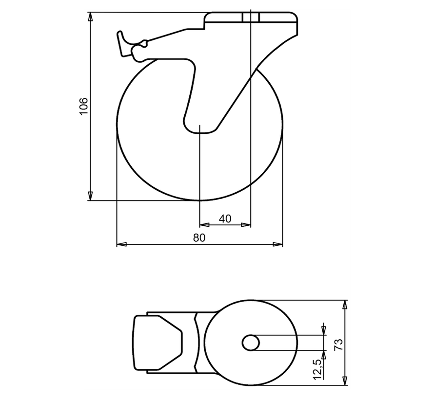 Kółko obrotowe z hamulcem całkowitym 80 mm ze stali nierdzewnej, guma szara, łożysko wałeczkowe, otwór pod śrubę 12,5 mm, 65 kg, Nr art. 2-979 L12