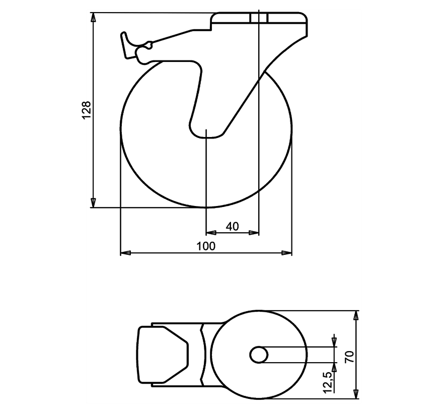 Edelstahl-Lenkrolle mit Totalfeststeller 100 mm, Elastikgummi, Kugellager, Rückenloch 12,5 mm, 150 kg, Art. 2-045-20K