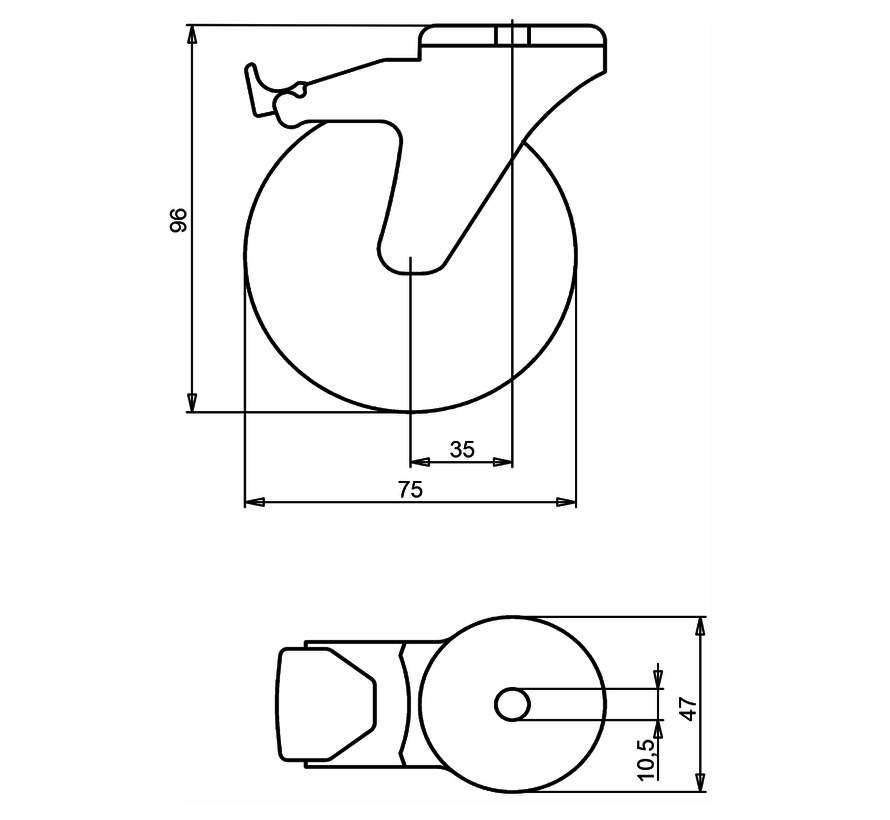 Furniture swivel castor with brake 75 mm, rubber, plain bearing, bolt hole 10.5 mm, 50 kg, Art. 2-811 010