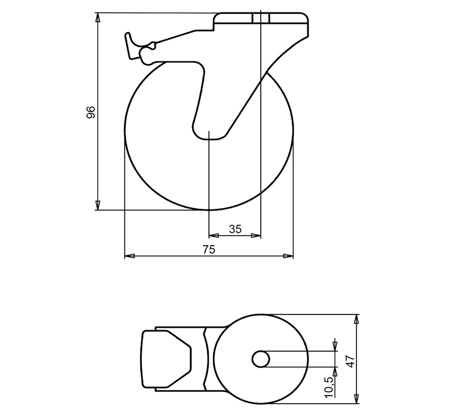 furniture Swivel castor with brake + polyethylene tread Ø75 x W25mm for  75kg Prod ID: 39183