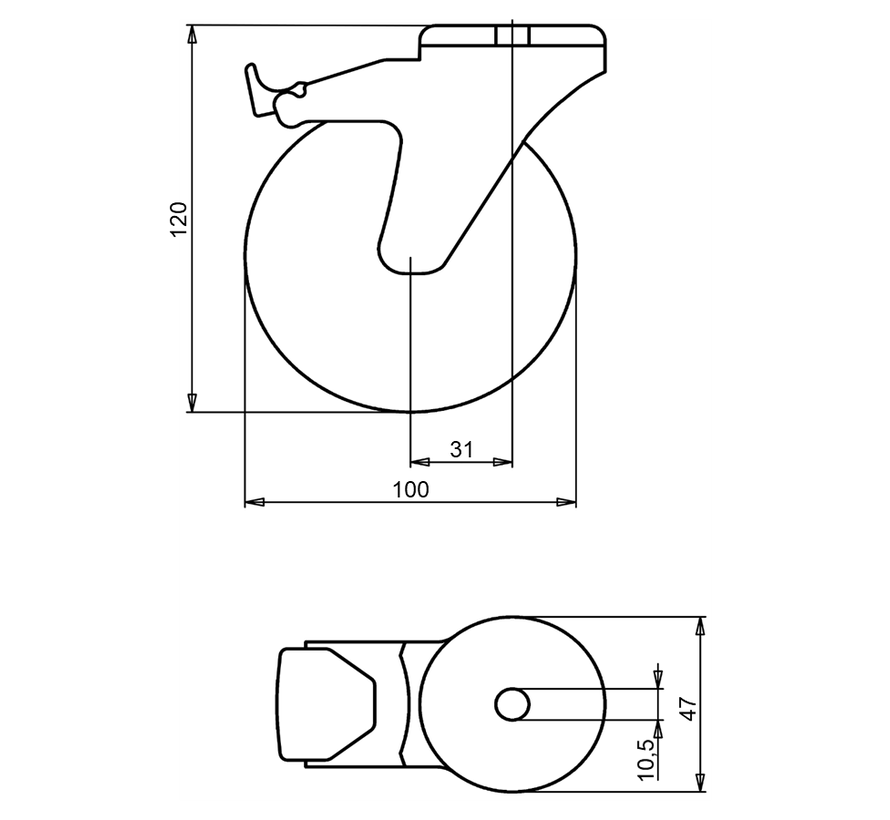 Furniture swivel castor with brake 100 mm, TPE, plain bearing, bolt hole 10.5 mm, 80 kg, Art. 2-822 D10