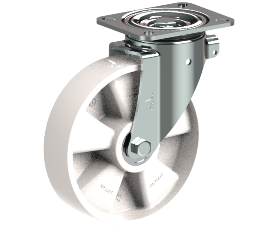 Heavy duty swivel castor 200 mm, polyamide, ball bearing, plate 140x110 mm, 500 kg, Art. 2-276 ISO, wheel centre white