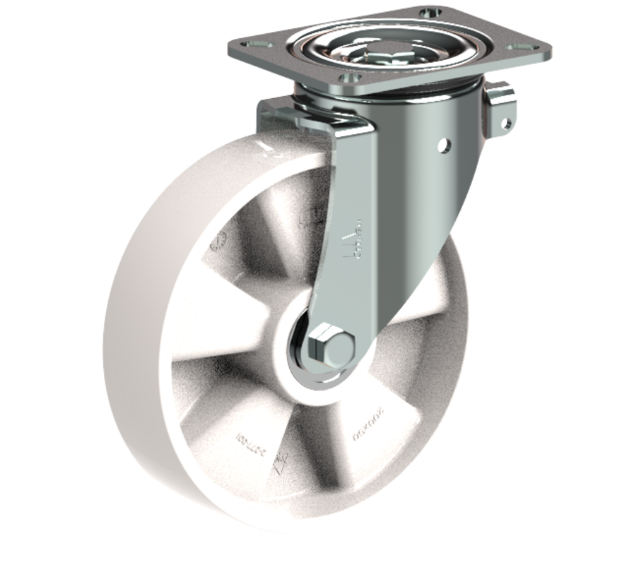 Rueda giratoria 200 mm para cargas pesadas, poliamida, rodamiento de bolas, platina 140x110 mm, 500 kg, Ref. 2-276 ISO, centro de rueda blanco