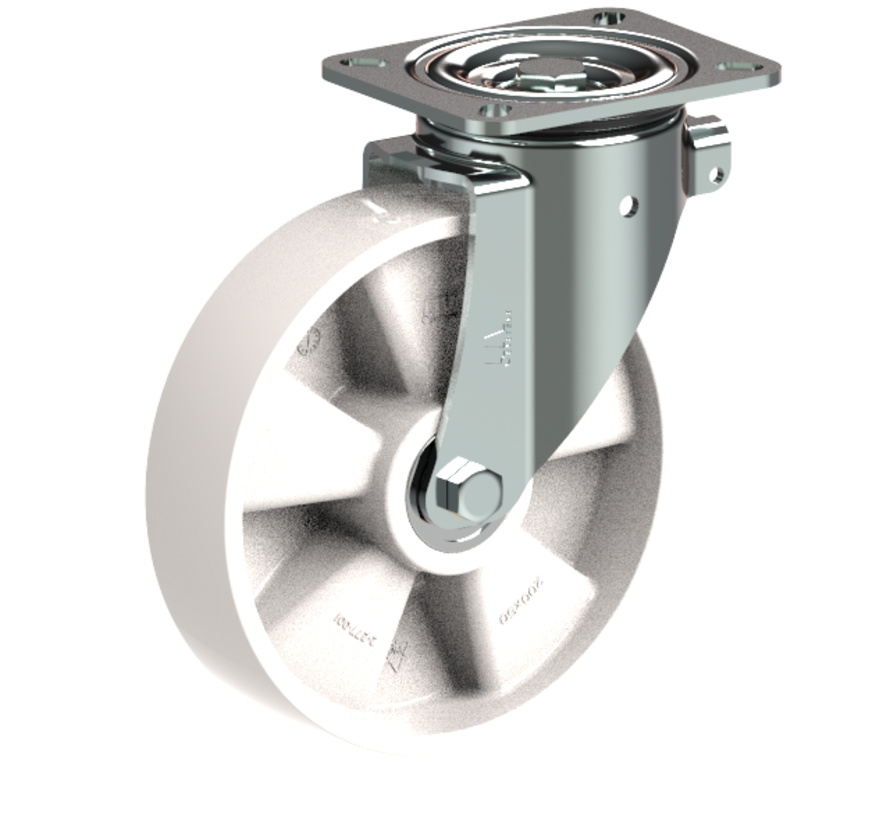 Swivel castor + solid polyamide wheel Ø200 x W50mm for 500kg Prod ID: 31793