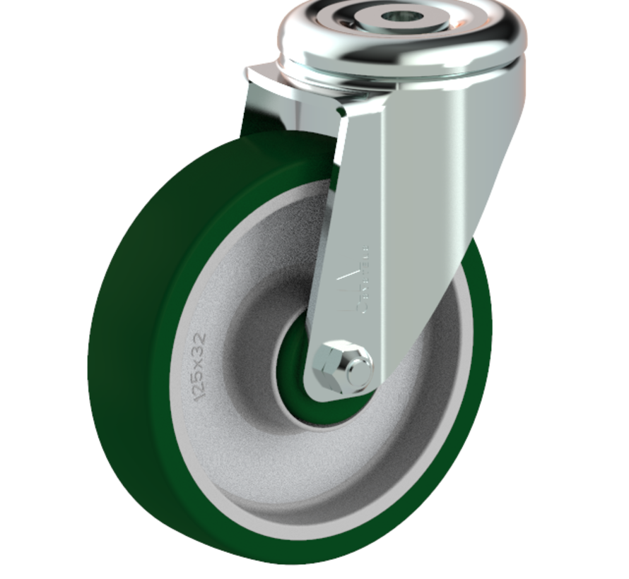Rueda giratoria 125 mm, poliuretano, rodamiento de rodillos, agujero pasante 12,5 mm, 200 kg, Ref. 2-084-25V