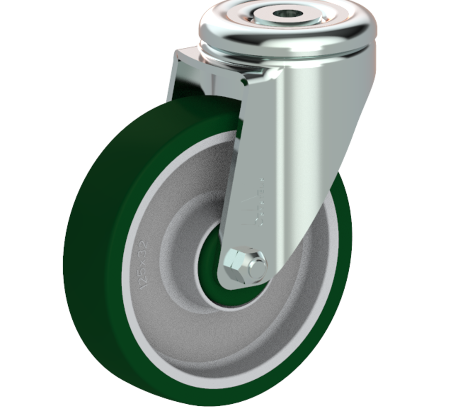 Swivel castor 125 mm, polyurethane, plain bearing, bolt hole 12.5 mm, 200 kg, Art. 2-084-25D