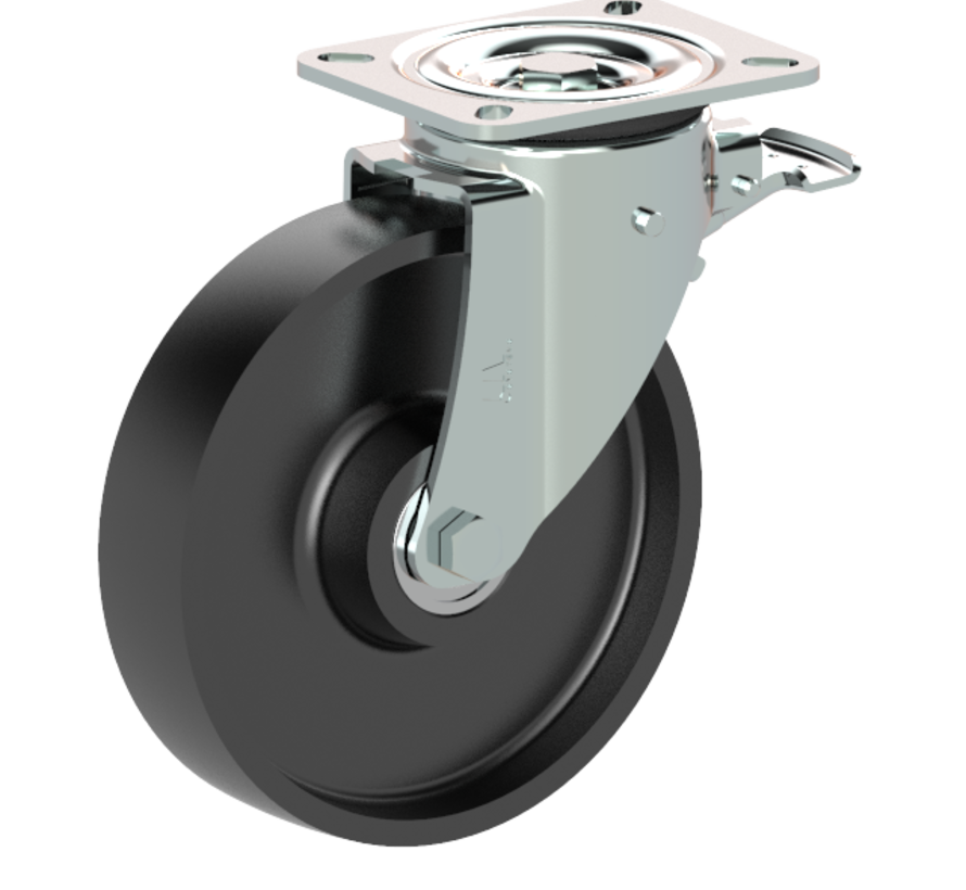Roulette pivotante avec frein 200 mm pour charges lourdes, fonte, roulement à billes, platine 140x110 mm, 800 kg, Réf. 2-153-40K