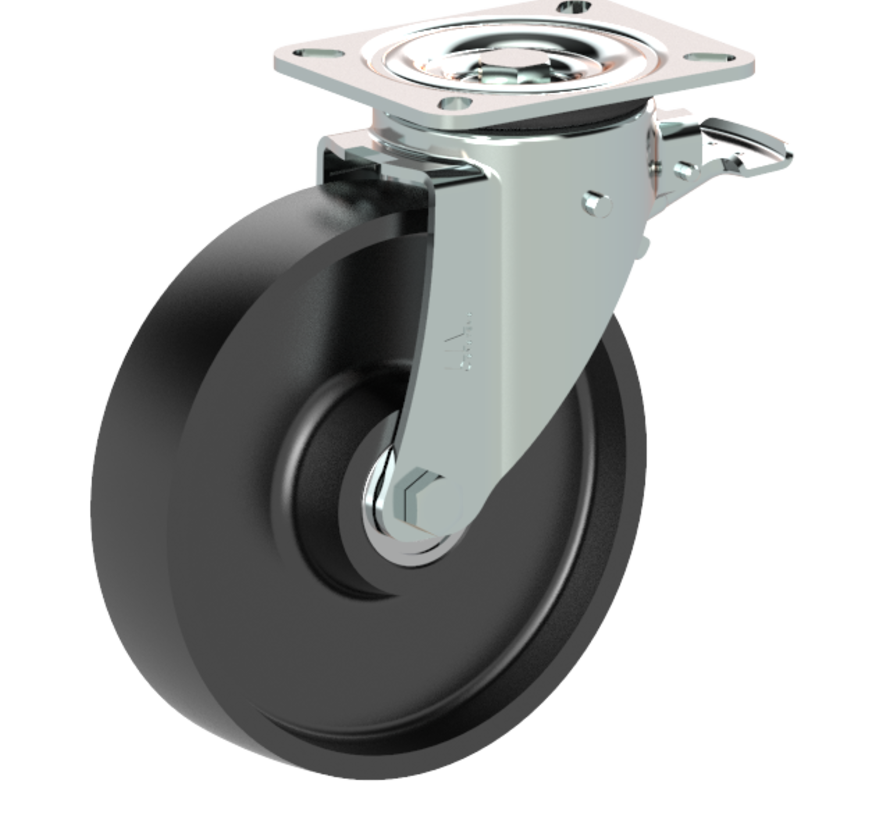 Swivel castor with brake + solid cast iron wheel Ø200 x W50mm for 800kg Prod ID: 42533