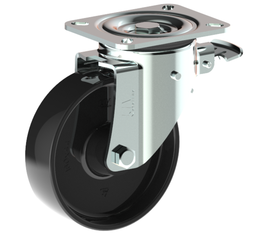 Roulette pivotante avec frein 160 mm pour charges lourdes, polyamide, palier lisse, platine 140x110 mm, 400 kg, Réf. 2-063-32D, corps de roue noir