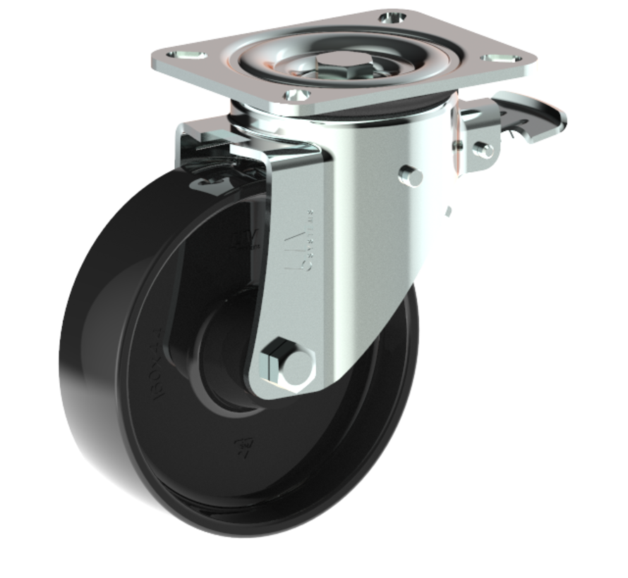 Swivel castor with brake + solid polyamide wheel Ø160 x W50mm for 400kg Prod ID: 42564