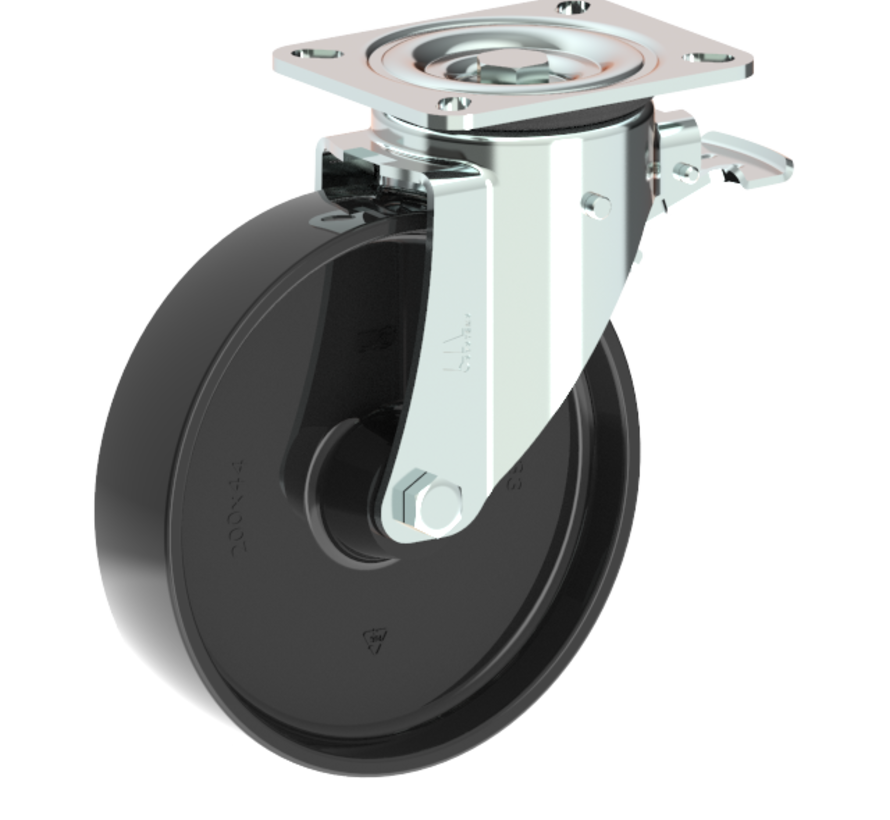 de gran resistencia Rueda giratoria con freno + rueda de poliamida maciza Ø200 x W50mm para 500kg Prod ID: 42575
