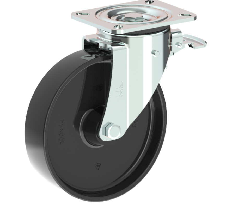 heavy duty Swivel castor with brake + solid polyamide wheel Ø200 x W50mm for  500kg Prod ID: 42575