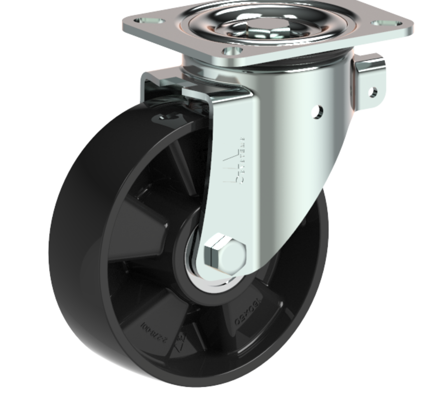 Roulette pivotante 160 mm pour charges lourdes, polyamide, roulement à billes, platine 140x110 mm, 400 kg, Réf. 2-394 ISO, corps de roue noir