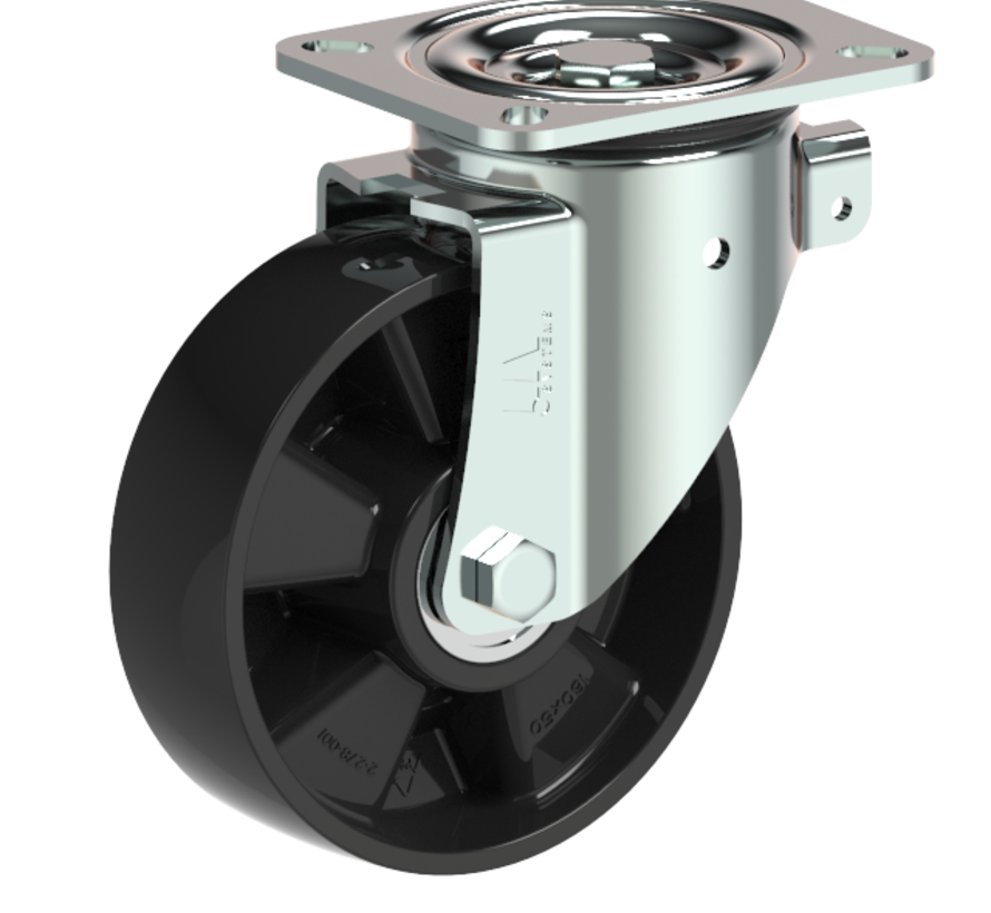 Swivel castor + solid polyamide wheel Ø160 x W50mm for 400kg Prod ID: 55381