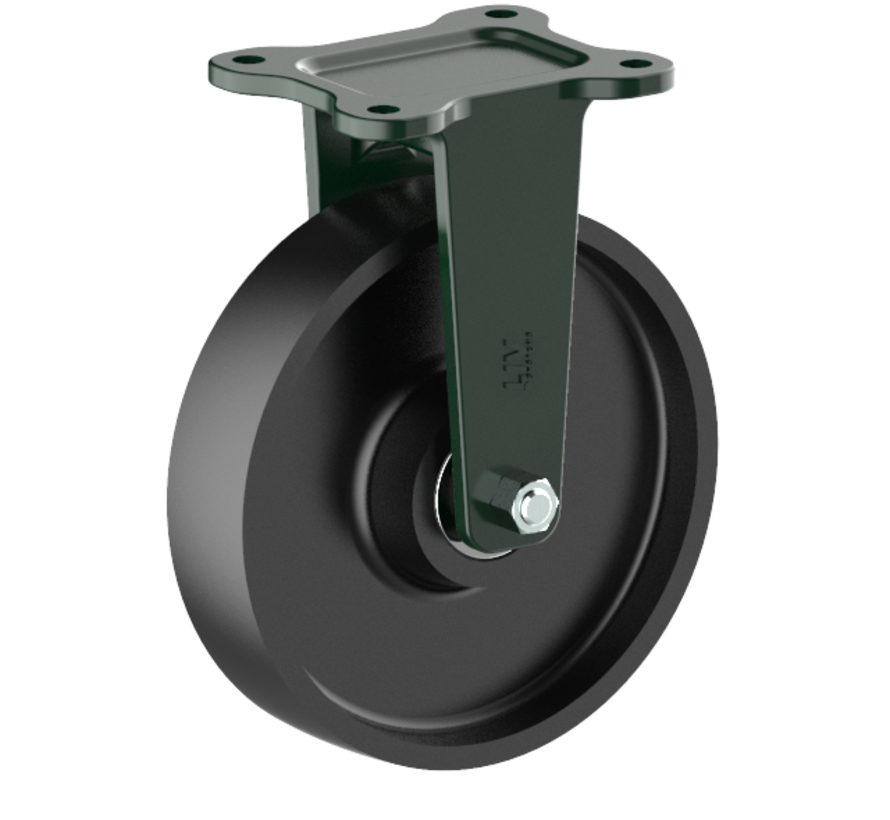 Roulette fixe 200 mm pour charges lourdes, fonte, roulement à billes, platine 135x110 mm, 1100 kg, Réf. 2-345 ISO