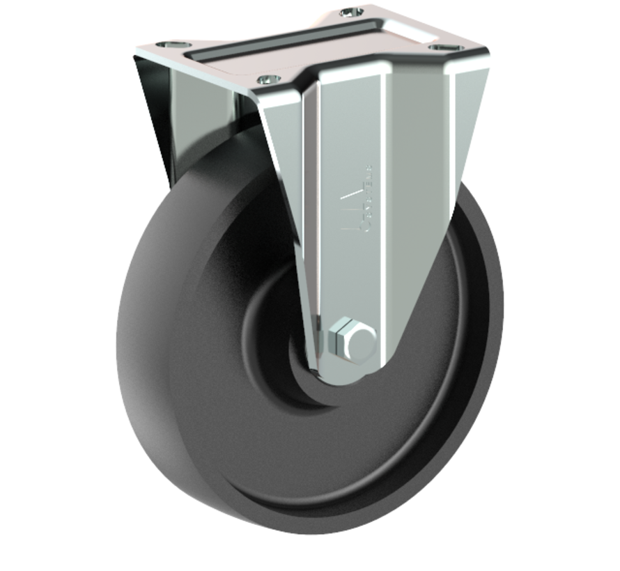 Roulette fixe 200 mm pour charges lourdes, fonte, roulement à billes, platine 140x110 mm, 800 kg, Réf. 2-151-40K