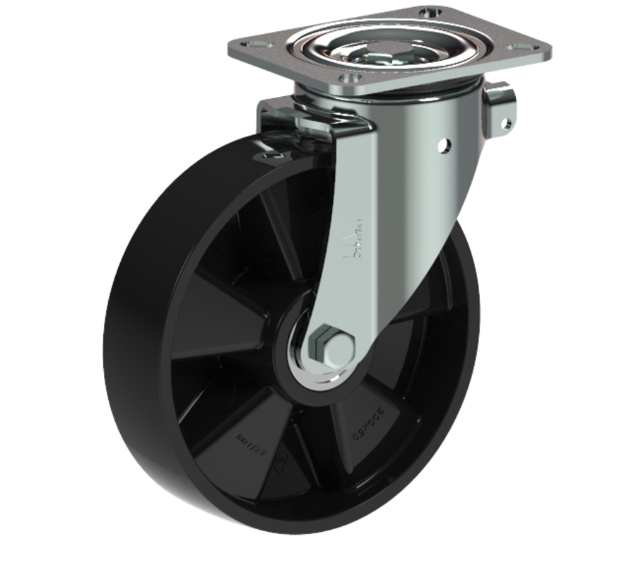 Heavy duty swivel castor 200 mm, polyamide, ball bearing, plate 140x110 mm, 500 kg, Art. 2-276 ISO, black centre
