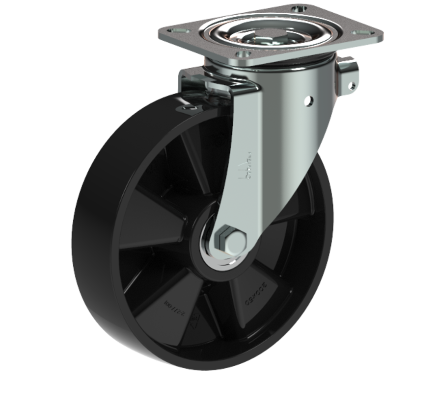 Swivel castor + solid polyamide wheel Ø200 x W50mm for 500kg Prod ID: 56583